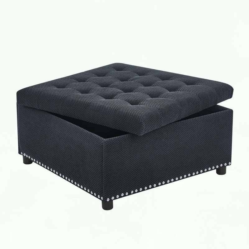 Square Storage Ottoman with Tufted Design and Nailhead Trim, Black