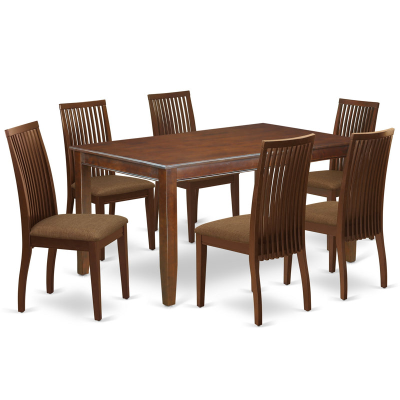 Ensemble de table de salle à manger 7 pièces composé d'une table de salle à manger rectangulaire et de 6 chaises de salle à manger en tissu de lin, acajou