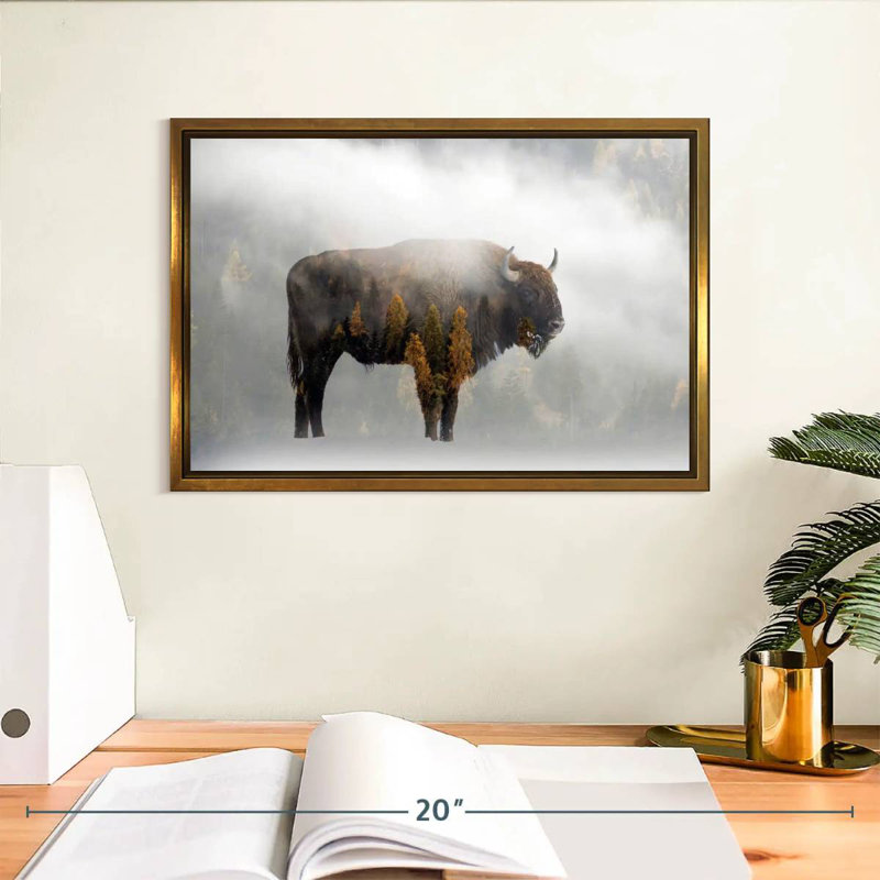 Bison de la forêt de pins, Cadre flottant doré, 13 po x 9 po