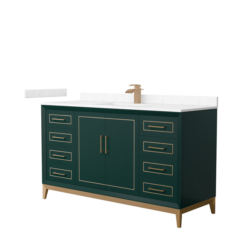 60'' Single Bathroom Vanity with Cultured Marble Top, Carrara Cultured Marble, Green, Satin Bronze