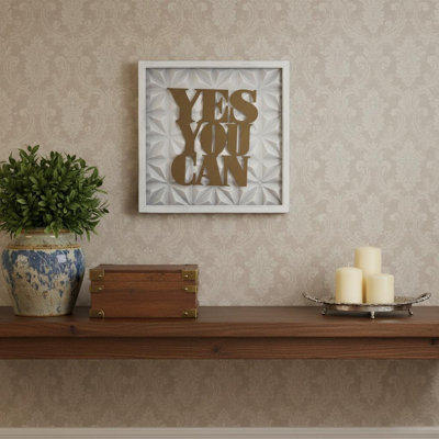 14" X 14" Brown And White Yes You Can Metal Square Wall Decor
