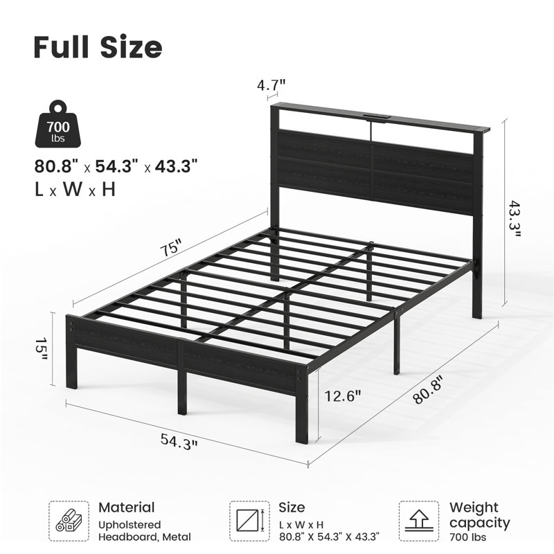 Base de lit avec station de charge, tête de lit avec rangement et lumières à DEL, lit plateforme avec lattes en métal, Noir