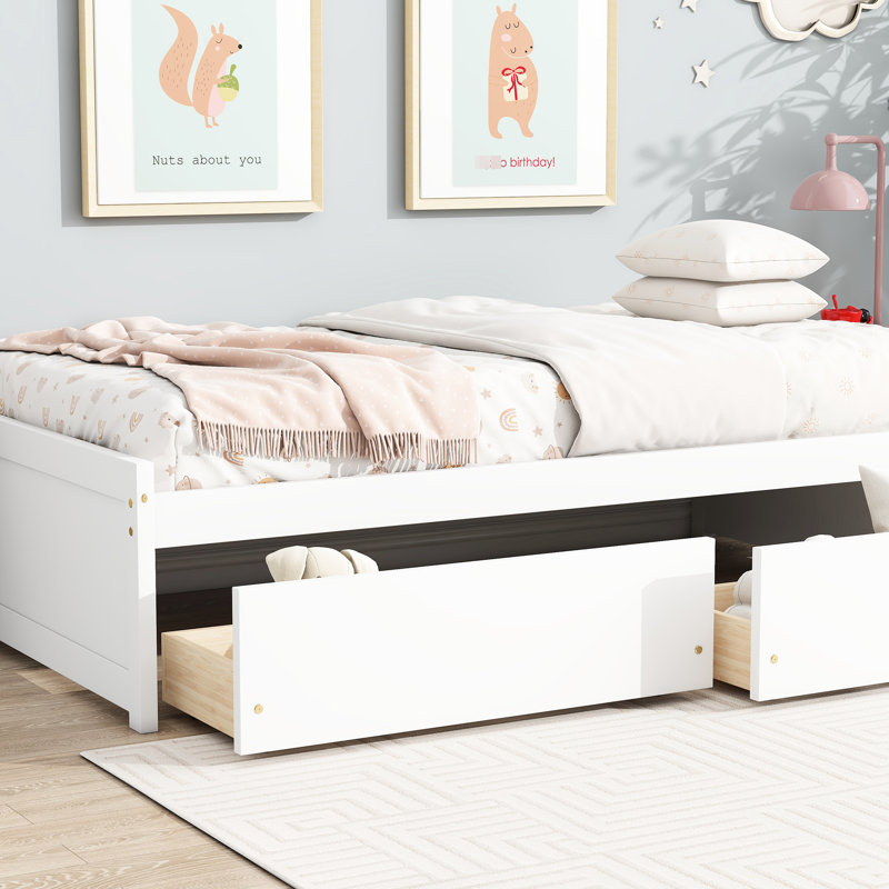 Lit simple en bois d'hévéa blanc avec 2 tiroirs, installation facile, mouvement silencieux des tiroirs, style contemporain, fonctionnel, base stable
