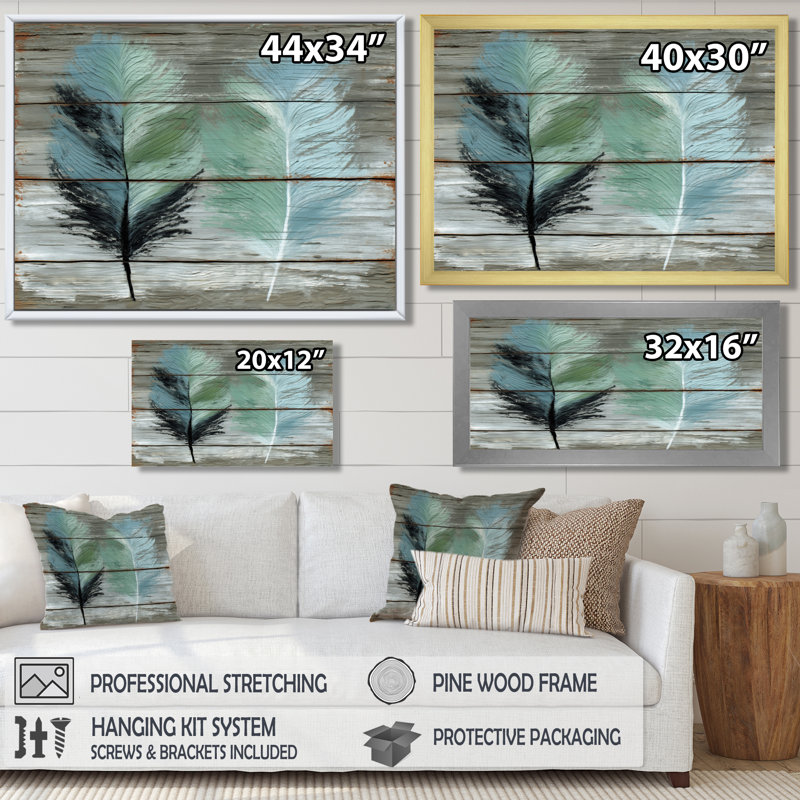 «Boho Wood Texture Feather», reproduction d'art sur toile encadrée, art mural Boho vert, Toile tendue, H 16 po x l 32 po