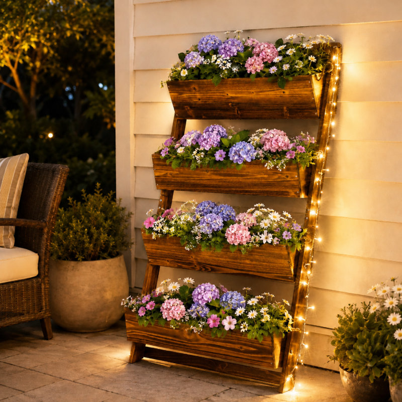 Boîte à fleurs verticale en bois à 4 niveaux avec accents lumineux, doublures et trous de drainage