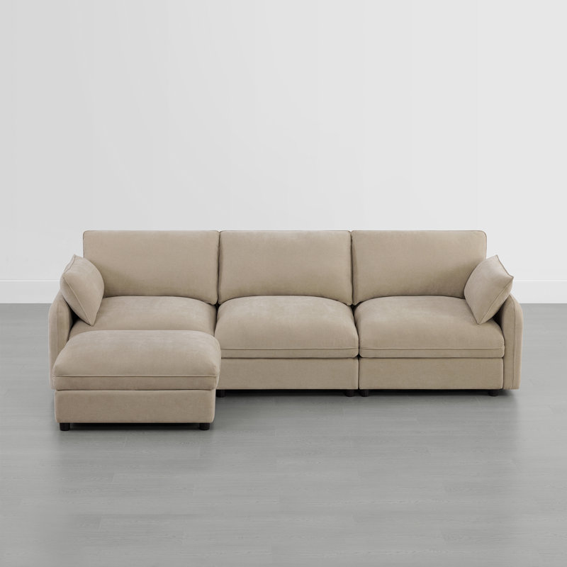  112" W 4 - Piece Modern Soft Upholstered Modular Sectional Sofa With Ottoman, Khaki Polyester