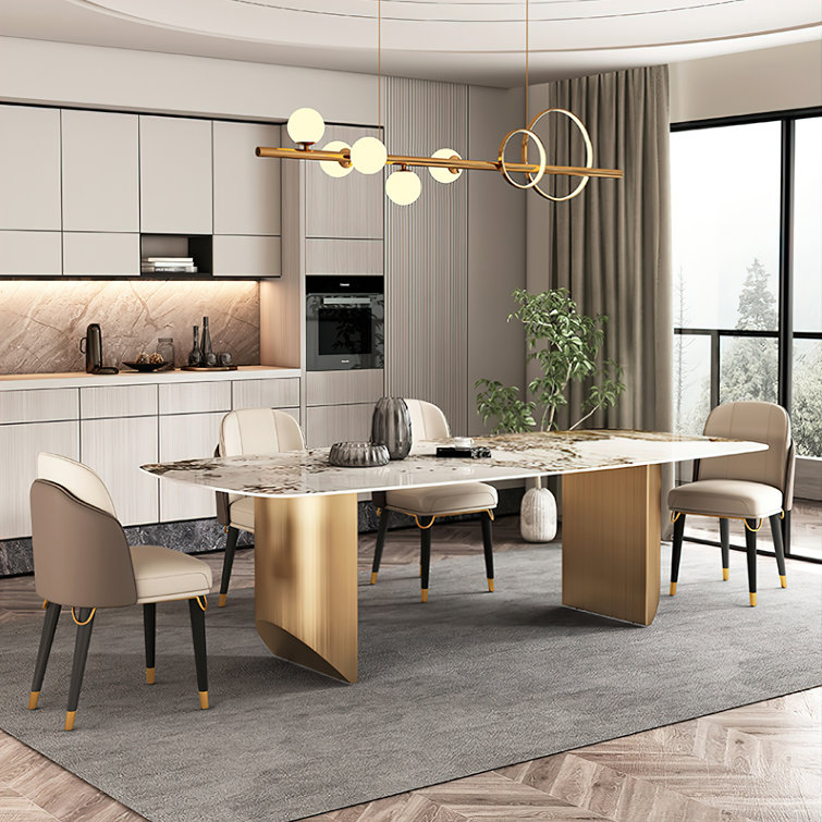 Dashona White Rectangular Sintered Stone Dining Table with Double Pedestals