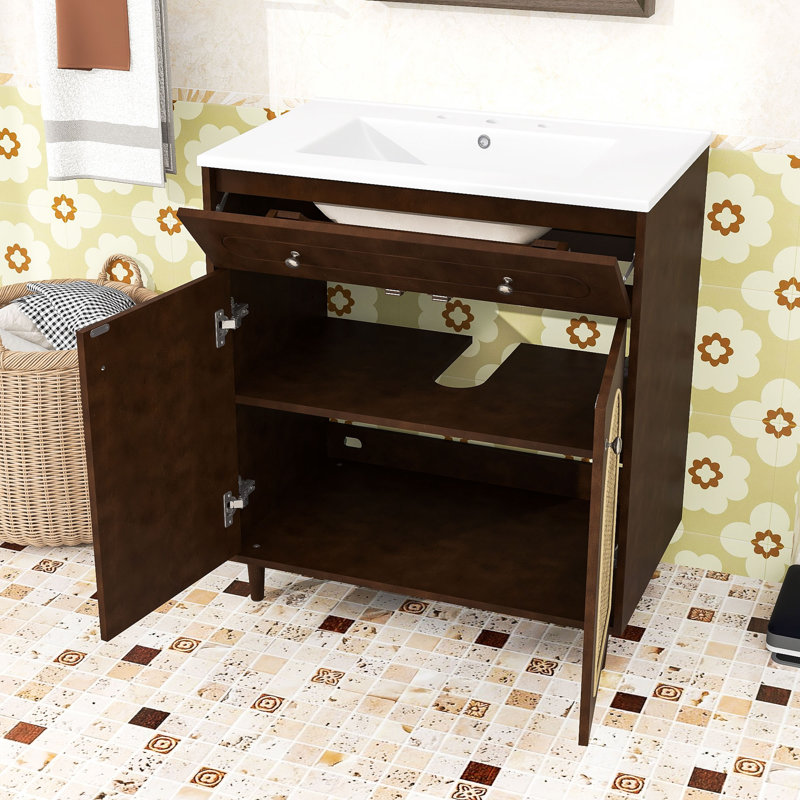 Meuble-lavabo en bois avec lavabo en céramique, tablette ajustable et tiroir basculant, Noyer