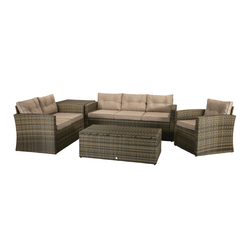 Helfrich 6 Seater Rattan Effect Sofa Set, Light Brown/White