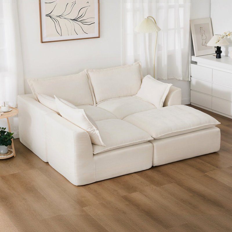113"  L-Shape Compression Boneless Cloud Modular Sofa Couch, Beige Chenille