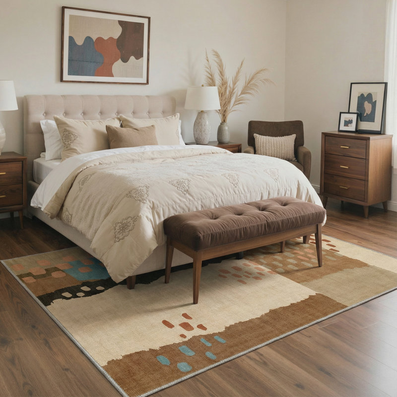 Geometric Machine Washable Brown / Beige Indoor Runner Rug with Non-Slip Backing, Rectangle 5' x 7'