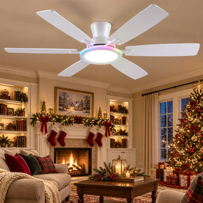 55" 6-blade White Ceiling Fans With Lights And Remote Control,RGB Multicolor Nightlight