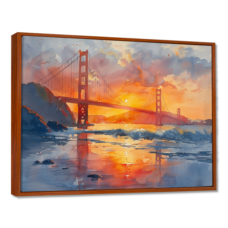 Art mural jaune jaune rouge Golden Gate, Toile avec cadre flottant brun, H 30 po x l 40 po x P 1,5 po