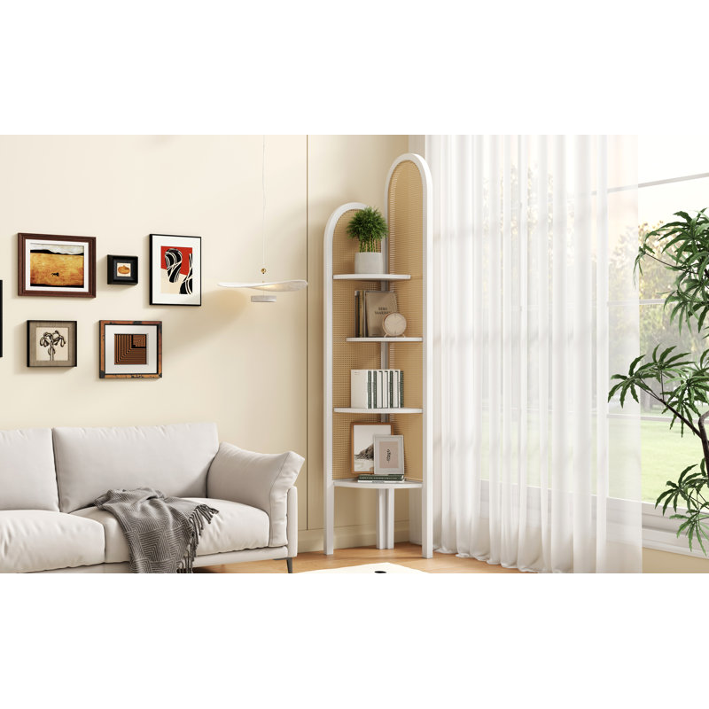 Rattan Corner Bookshelf Stand, White