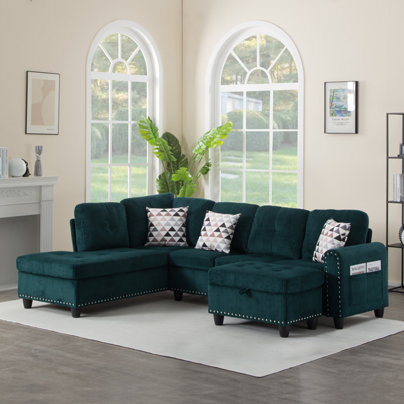 3 - Piece Upholstered Sectional, Green Corduroy