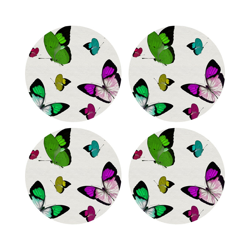 Butterflies Vegan Leather Round Placemats, Acid Green