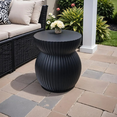Mander Fiberstone Side Table – Ribbed Hourglass End Accent Table For Indoor Or Outdoor Use