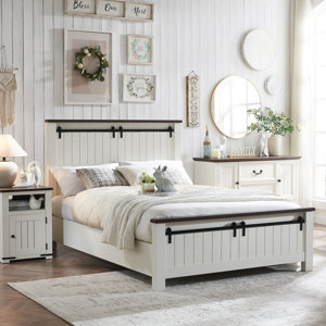 Terenzio Farmhouse Wood Bed Frame with Sliding Barn Door Headboard, No Box Spring Needed