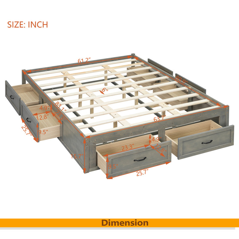 Lit plateforme avec 6 tiroirs de rangement, Grand lit, Gris antique