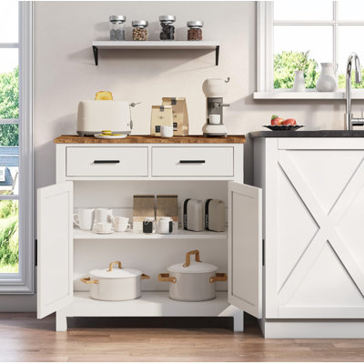 Armoire de cuisine, armoire de ferme moderne avec rangement, café avec 2 tiroirs et 2 portes, buffet de plancher pour le salon, la salle à manger, la salle de bain (blanc)