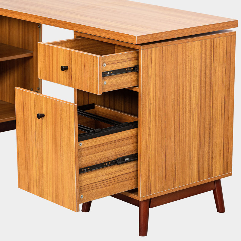 Bureau de direction moderne en forme de L 66,5 po avec rangement en verre trempé délicat, grand bureau avec tiroirs, poste de travail pour bureau personnel