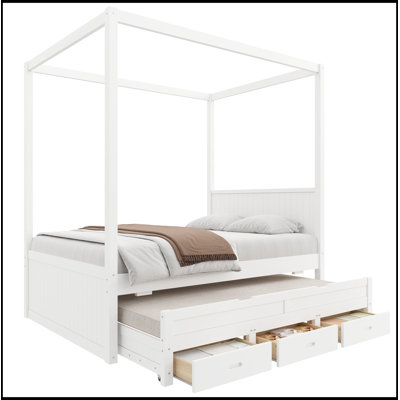 Plateforme pleine grandeur à auvent avec lit gigogne simple et 3 tiroirs de rangement