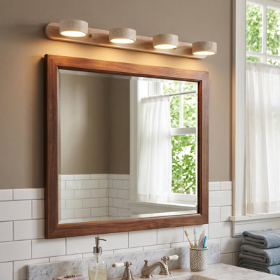 Éclairage pour salle de bain 4 lumières en pierre de travertin jaune naturel avec plaque arrière en bois naturel, luminaire mural de salle de bain moderne