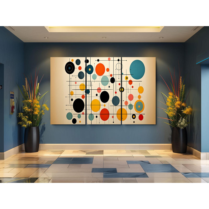 «Triptych», art mural sur toile - ensemble de toiles triptiques modernes de style Mid-Century - cercles colorés rétro pour décoration éclectique