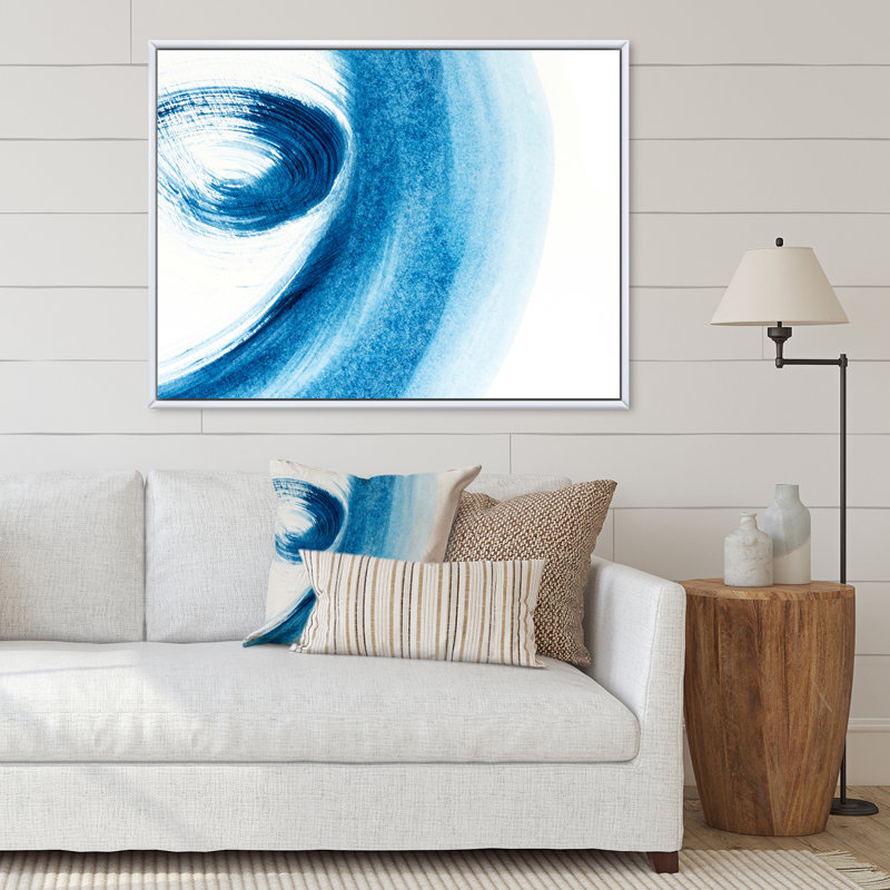 Coups de pinceau bleus sur blanc - peinture sur toile, H 24 po x l 32 po, Cadre flottant blanc