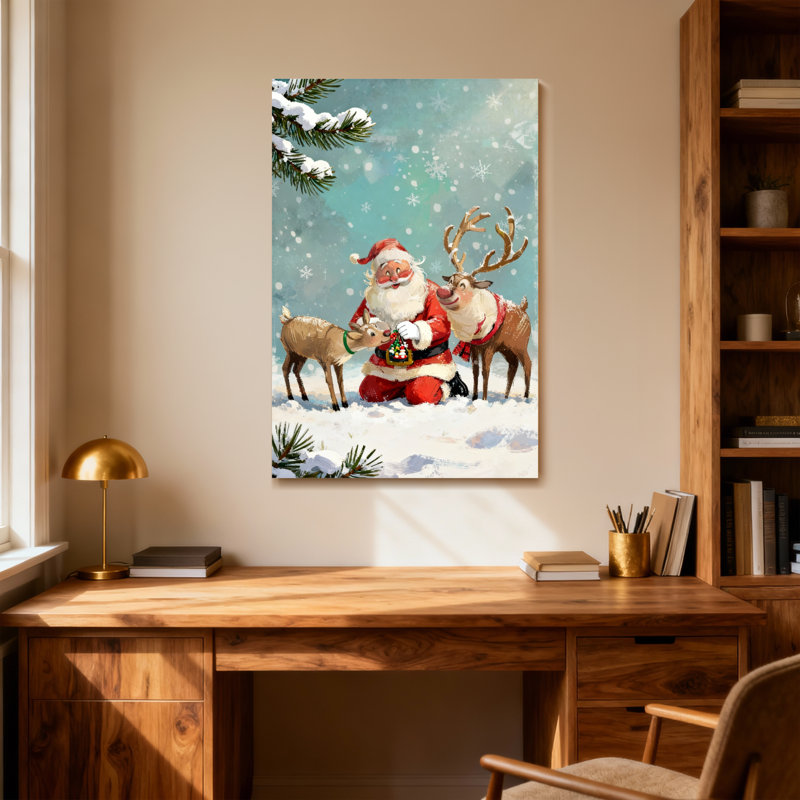 Noël père Noël avec renne dans un paysage enneigé