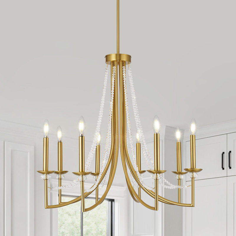 Lustre 8 lumières de style campagne moderne avec chaîne en cristal, lustres or brossé pour la salle à manger