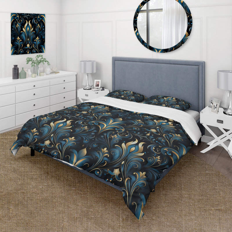 Blue And Golden Luxury Flower Pattern III - Ikat Duvet Cover Set, King Duvet Cover + 2 King Shams