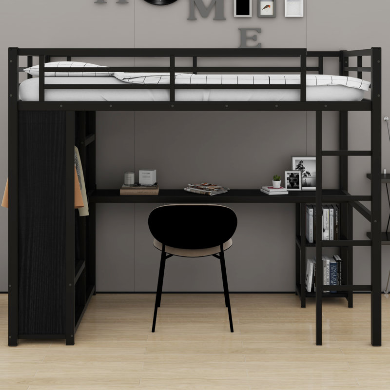 Lit mezzanine élégant en métal moderne, armoire intégrée, bureau et tablettes