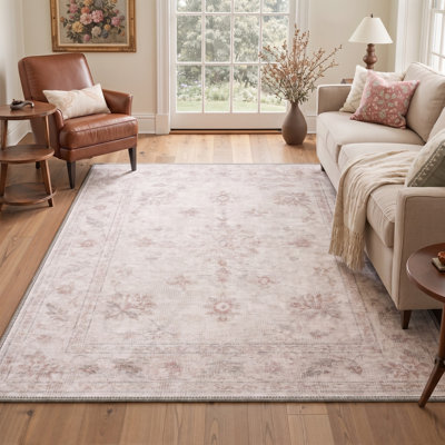 Tapis oriental traditionnel ivoire/rose performant à poils courts, lavable et antidérapant