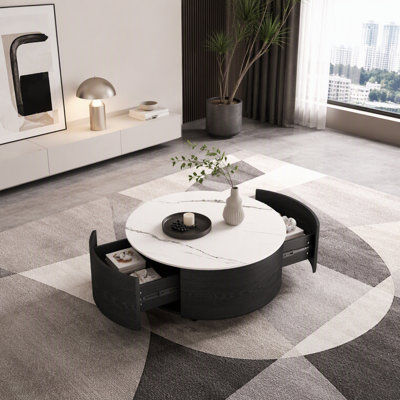 Table basse ronde mobile 29,5 "avec roulettes, plateau en pierre frittée à motif marbré, 2 tiroirs de rangement, table de salon moderne