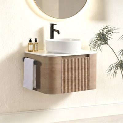 Meuble-lavabo de 24 po avec lavabo, armoire murale en chêne miel avec porte-serviettes gratuit, lavabo simple en céramique blanche, sans drain et robinet, pré-assemblé