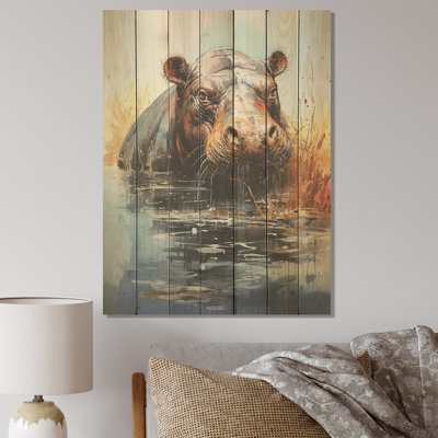 Grey Majestic Hippo Elegance V - Hippopotamus On Wood Print