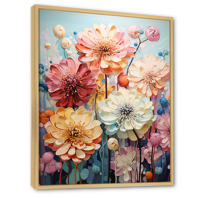 Zinnias Mute Tone Field sur impression sur toile, H 32 po x l 16 po x P 1 po, Cadre naturel flottant