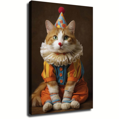 Cute Orange Cat Dressed In Vintage Clown Costume Oil Painting, Large Gallery Wrapped Canvas Wall Art Print For Living Room Bedroom