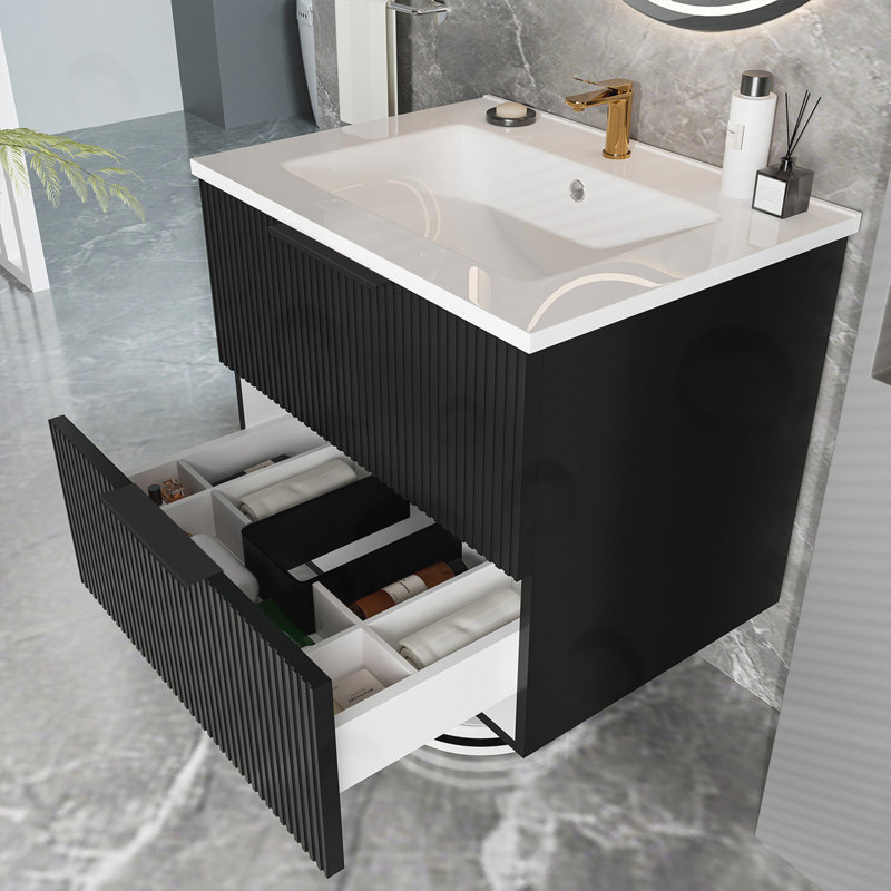 Meuble-lavabo mural flottant avec lavabo en céramique, L 24 po, Noir mat