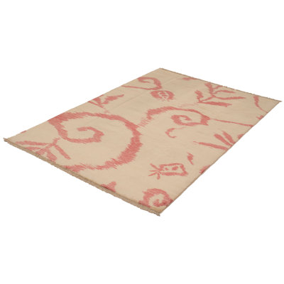 Tapis unique en laine noué à la main crème et rose de 5 pi 11 po x 8 pi 9 po Kalis