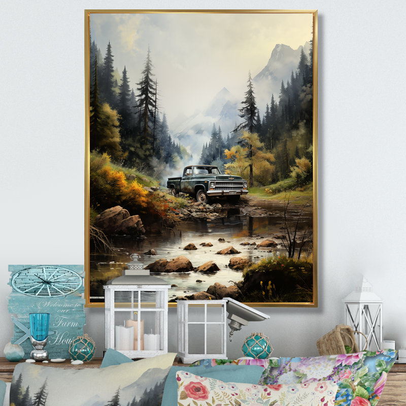 Yaslynn, camionnette verte, Misty Mountains I - impression, H 32 po x l 16 po x P 1 po, Cadre flottant doré