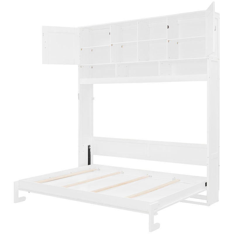 Grand lit mural blanc, avec de grands compartiments de rangement et un lit à rayures de couleur diamant, offrant un grand espace de rangement, rayé, compatible avec les matelas de 6 à 8 pouces