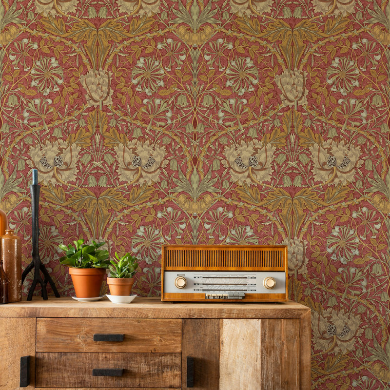 Papier peint à motif de treillis de chèvrefeuille William Morris Bryelle, Rouge