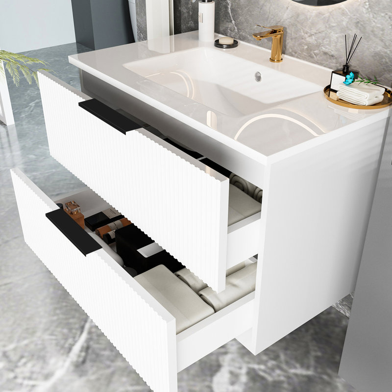 Meuble-lavabo mural blanc flottant de 36 pouces avec lavabo en céramique et deux tiroirs, premier tiroir en forme de U, grande capacité de rangement, panneau multicouche, instructions d'assemblage rapide