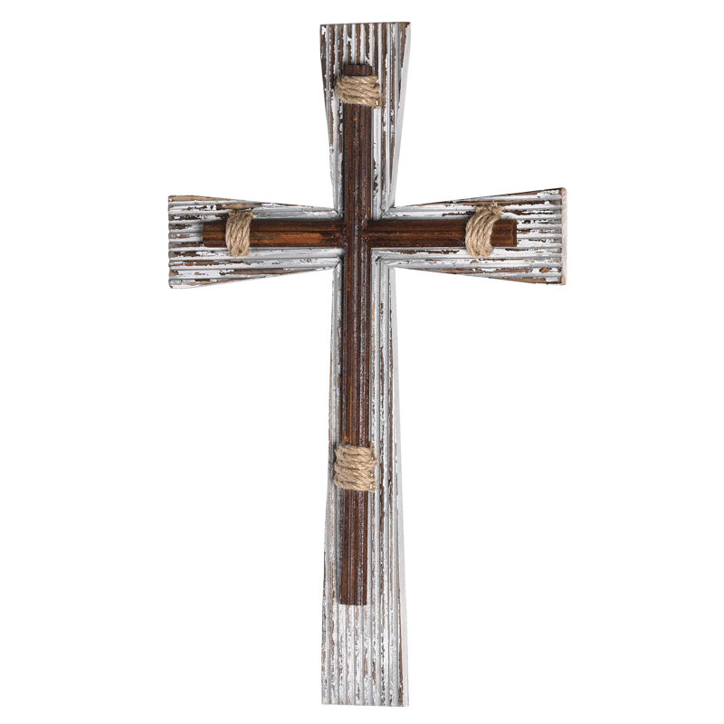 Wall Cross White Wood Iron Rope 19.75h