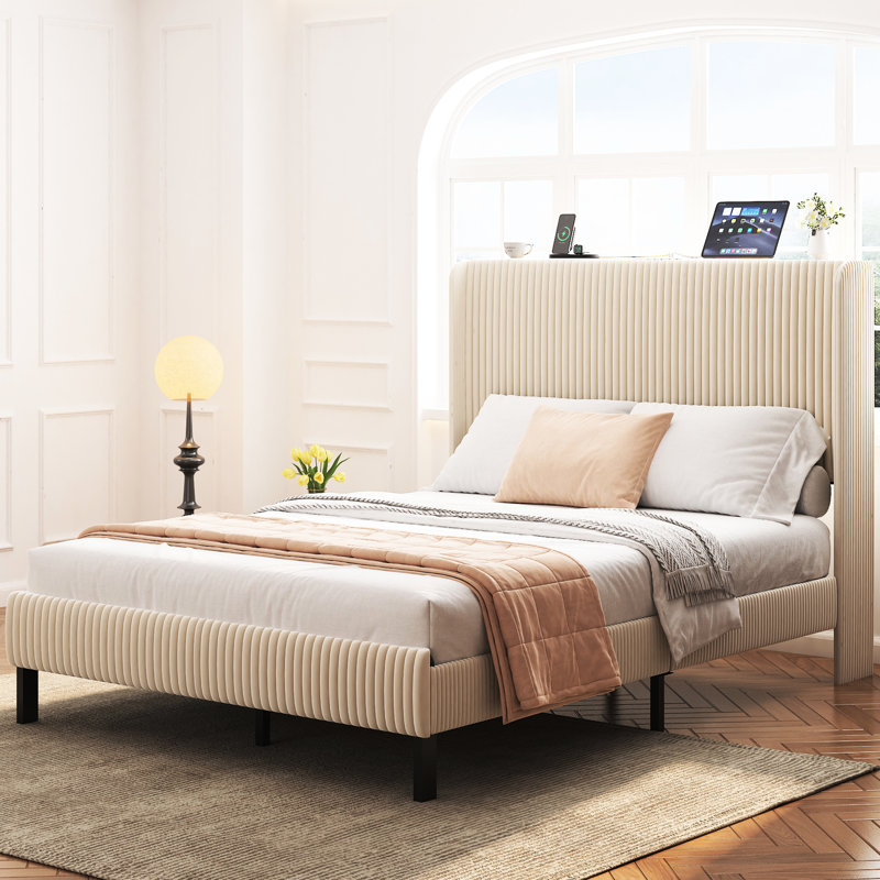 Beige Full Bed Frame With Charging Station And Storage Headboard, Quiet , Strong Metal Slats, No Box Spring Needed Size Platform Velvet Headboard Station, Slats For Support, Spring, Fast Assembly