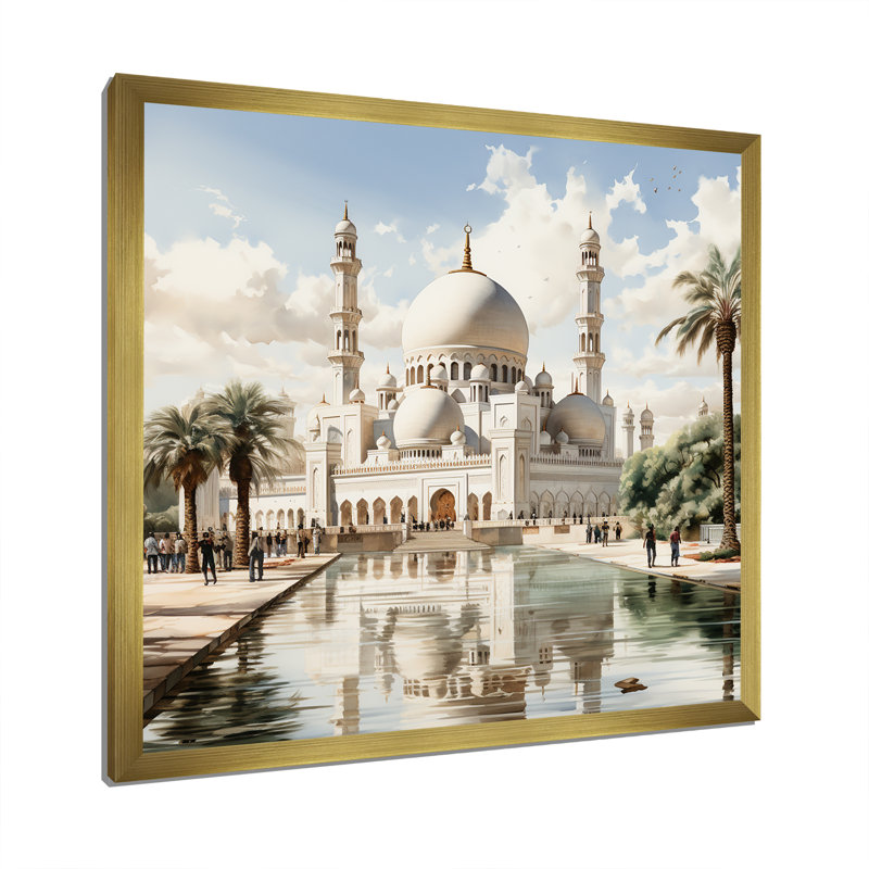 «White Elegance Sheik Zayed Mosque II» - art mural blanc, H 16 po x l 16 po x P 1 po, Cadre doré simple