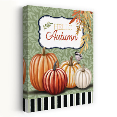 Hello Autumn - Contemporary Hello Autumn Text Pumpkins Fall Foliage Art