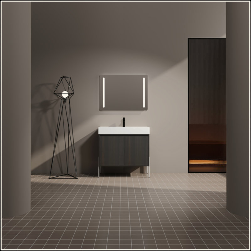 Meuble-lavabo sur pied 36 po avec lavabo en résine, armoire de rangement avec portes à fermeture douce